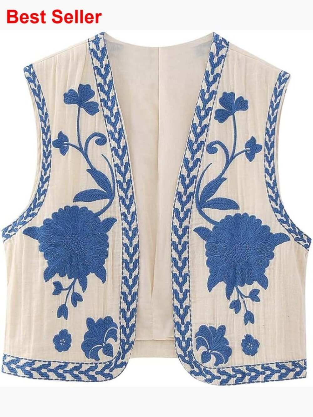 Vintage Floral Embroidery Vest Cotton Linen Sleeveless Open Front Waistcoat